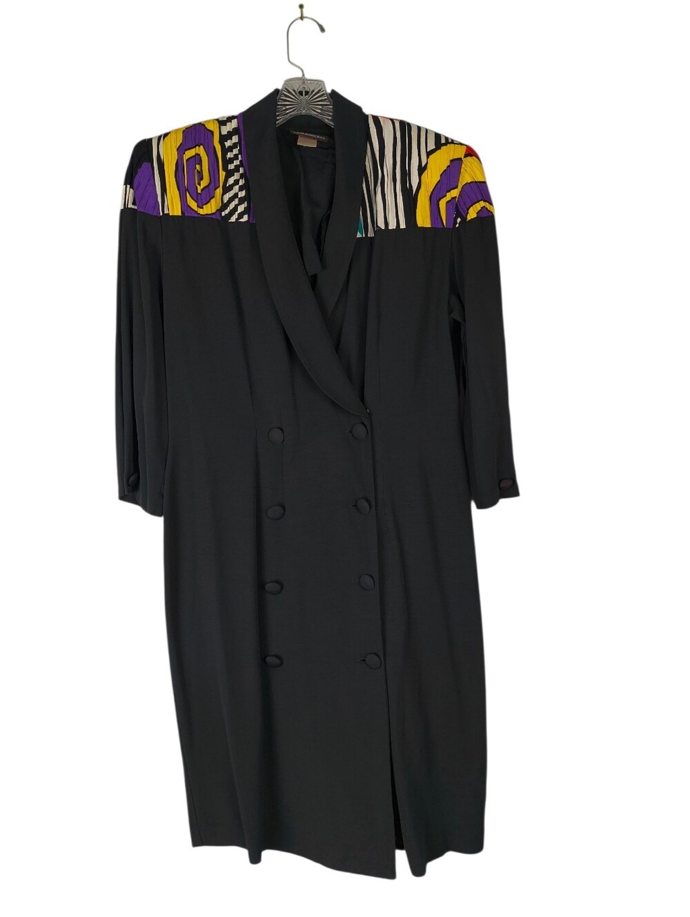 Vintage John Roberts Dress Women's Black Art To Wear Double Breasted 3/4 Sleeves